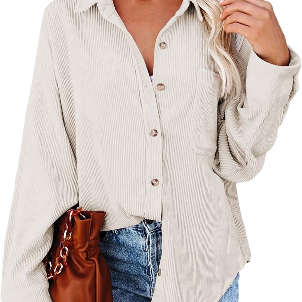 Women's Cream Button-Up Corduroy Long Sleeve Cardigan Blouse Top